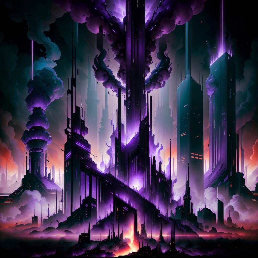 <lora:worldoffire:1>, worldoffire, scifi, (purple:1.5) city with towers and buildings, day, volumetric lighting, blazing heat, dissipating vapours, flickering flames, fire, inferno, <lora:more_details:0>