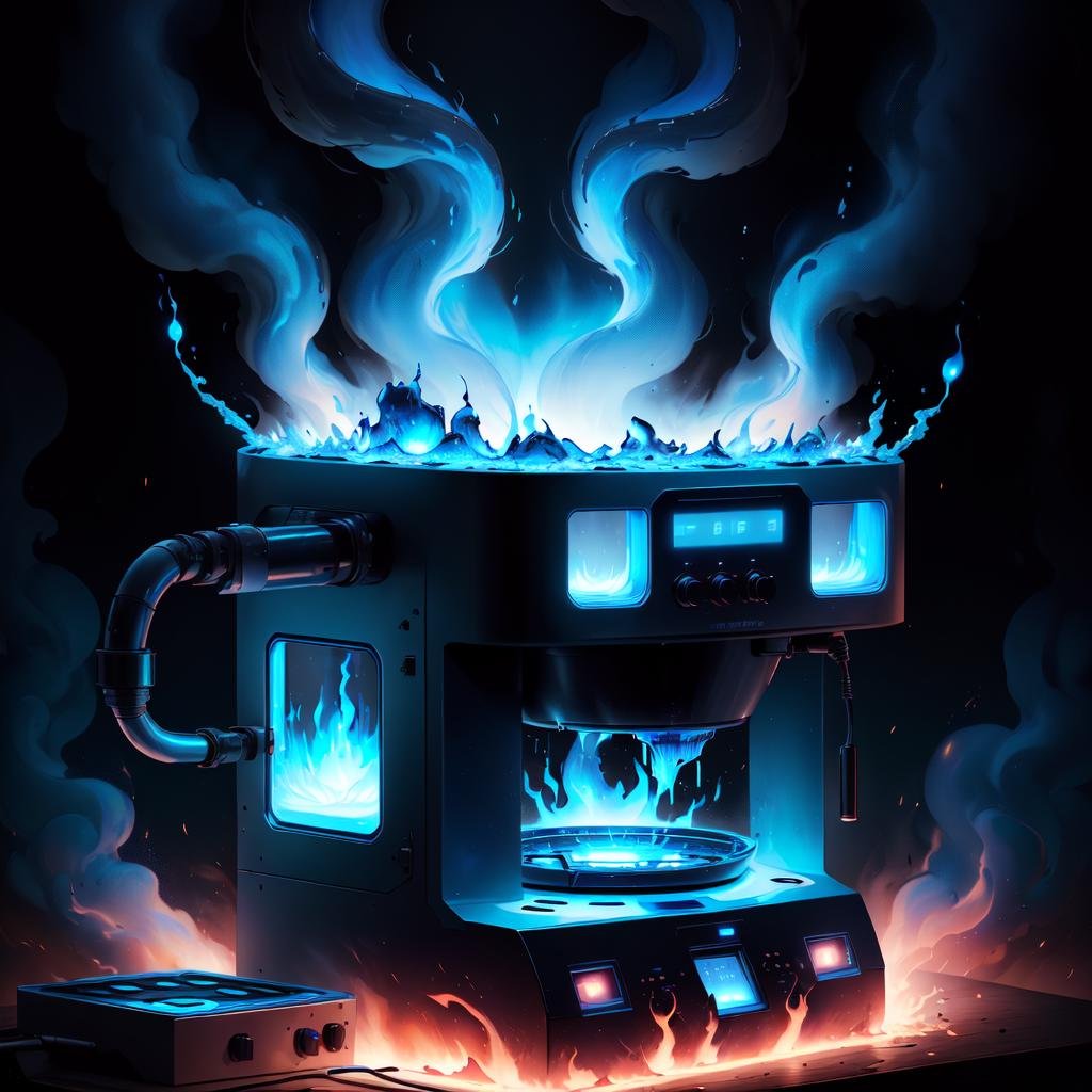 <lora:worldoffire:1>, worldoffire, scifi, (blue:1.5) coffee machine, bar counter, day, volumetric lighting, blazing heat, dissipating vapours, flickering flames, fire, inferno, <lora:more_details:0>