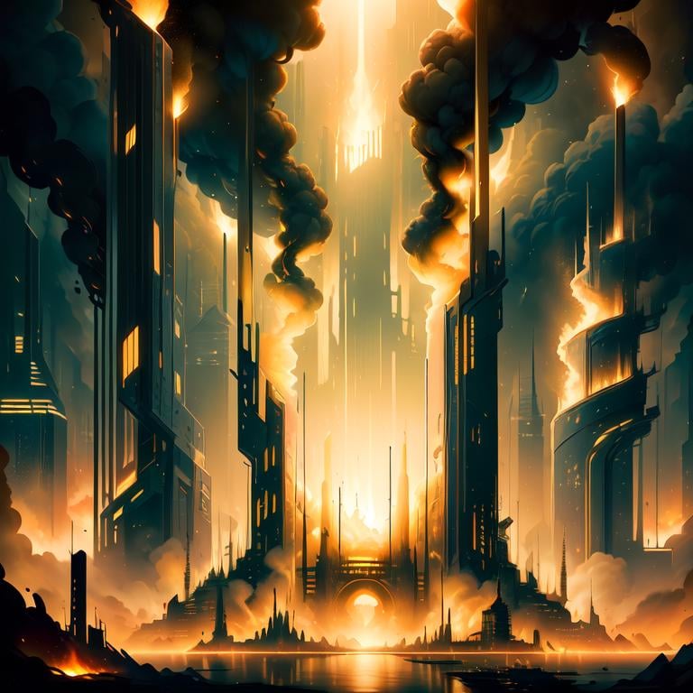 <lora:worldoffire:1>, worldoffire, scifi, (yellow:1.5) city with towers and buildings, day, volumetric lighting, blazing heat, dissipating vapours, flickering flames, fire, inferno, <lora:more_details:0>