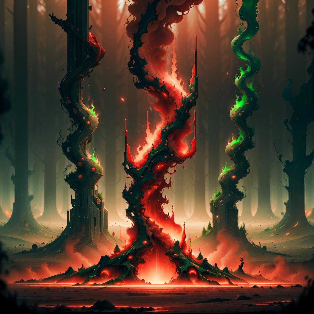 <lora:worldoffire:1>, worldoffire, (red:1.5), (green:1.5), forest with trees, filled with life, day, volumetric lighting, blazing heat, dissipating vapours, flickering flames, fire, inferno, <lora:more_details:0>