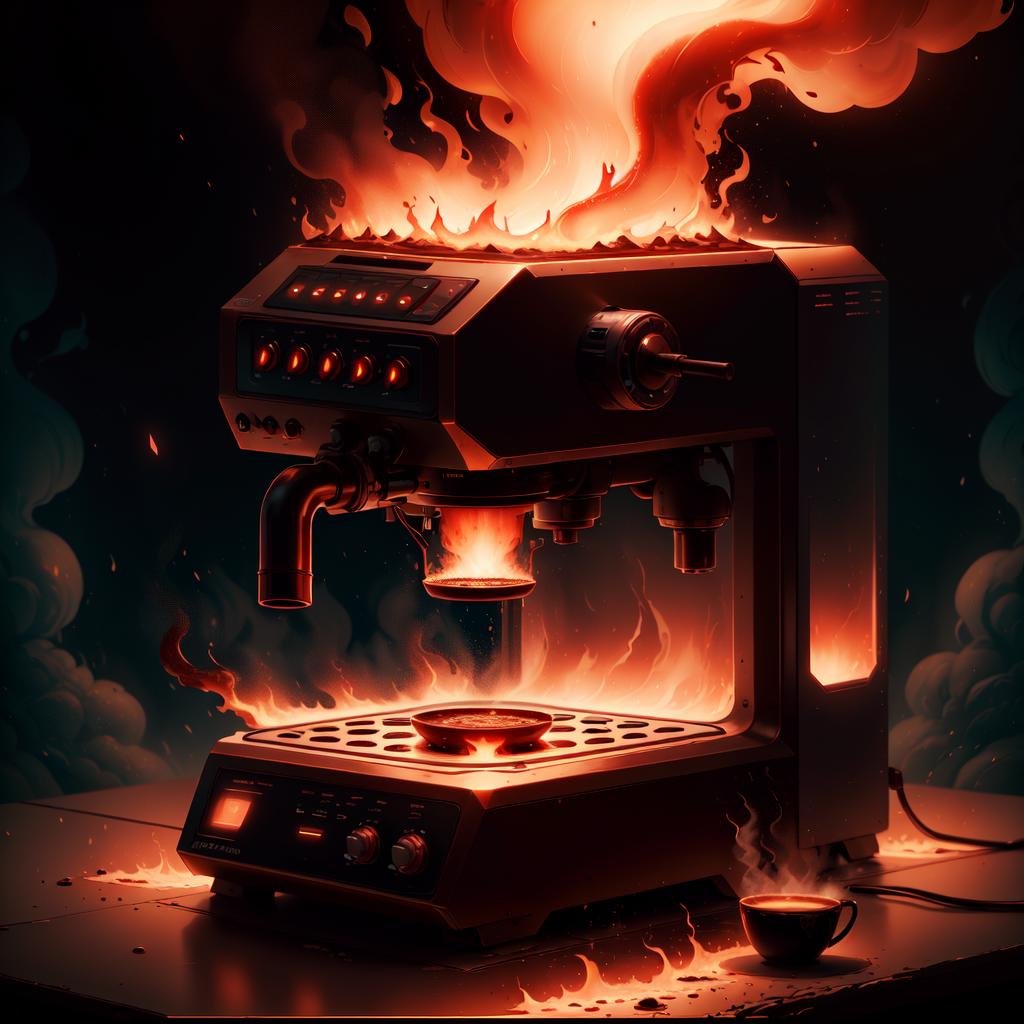 <lora:worldoffire:1>, worldoffire, scifi, coffee machine, bar counter, day, volumetric lighting, blazing heat, dissipating vapours, flickering flames, fire, inferno, <lora:more_details:0>