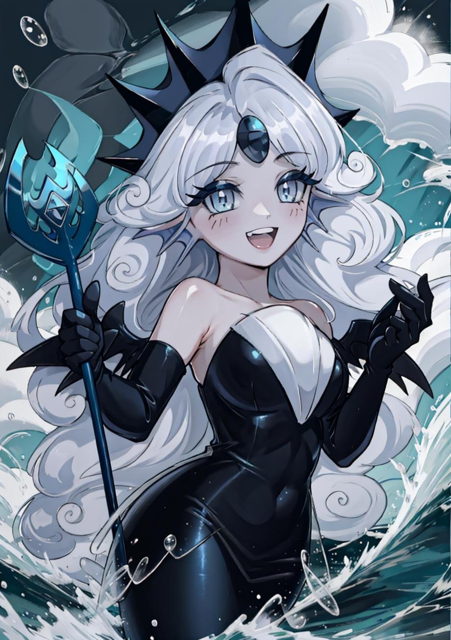 (masterpiece, best quality, highres, ultra detailed:1.2), (solo, 1girl, cowboy shot), blackpearl, monster girl, (grey skin, gray skin:1.4), crown, mermaid, mermaid tail, white hair, very long hair, head fins, wings, black gloves, trident, holding staff, black dress, BREAK, smile, open mouth, smug expression, facing viewer, BREAK, (storm, ocean, rough seas, lighting)