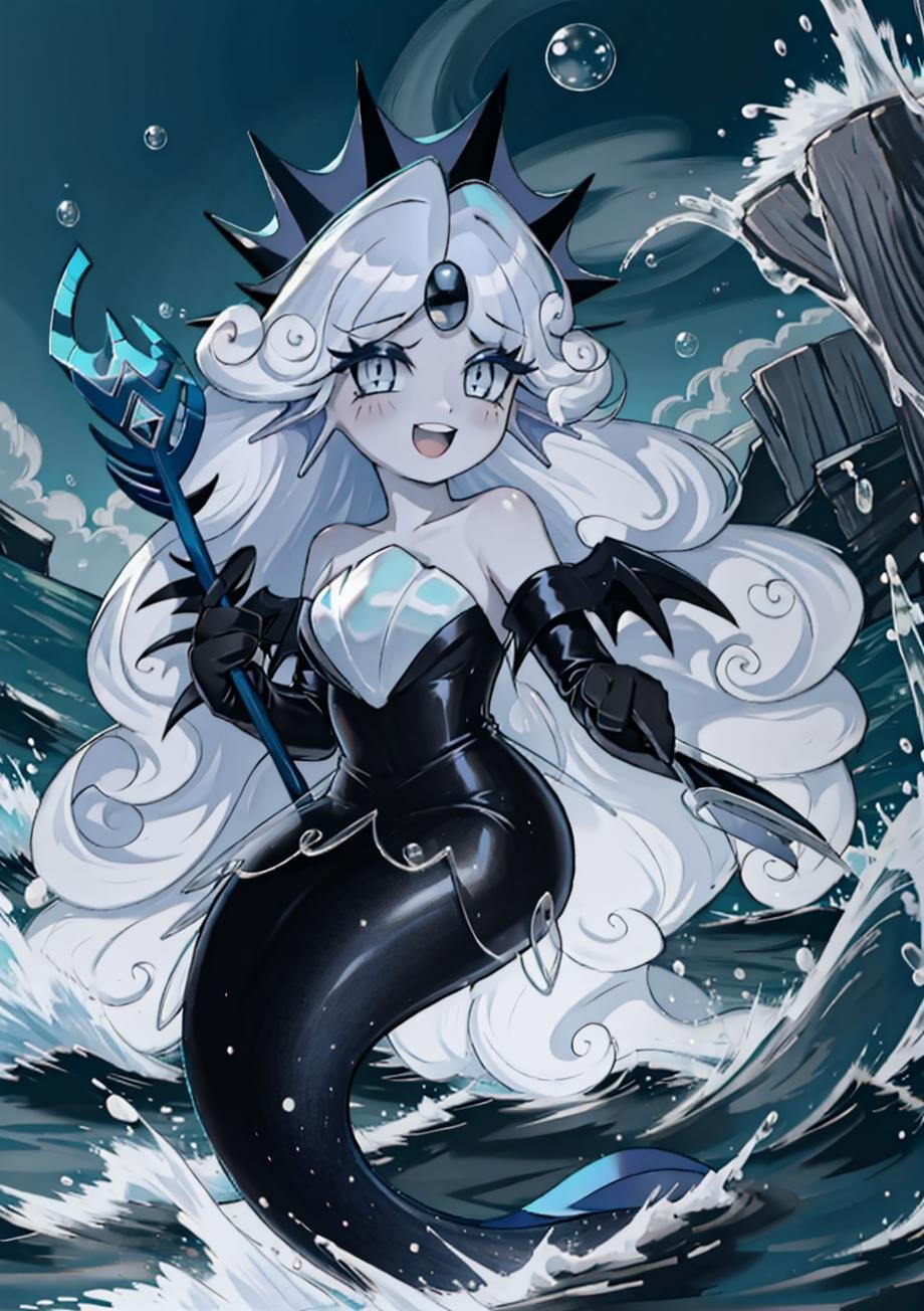 (masterpiece, best quality, highres, ultra detailed:1.2), (solo, 1girl, full body), blackpearl, monster girl, (grey skin, gray skin:1.4), crown, mermaid, mermaid tail, white hair, very long hair, head fins, wings, black gloves, trident, holding staff, black dress, BREAK, smile, open mouth, angry, smug expression, facing viewer, BREAK, (night, stars, storm, ocean, rough seas, lighting)