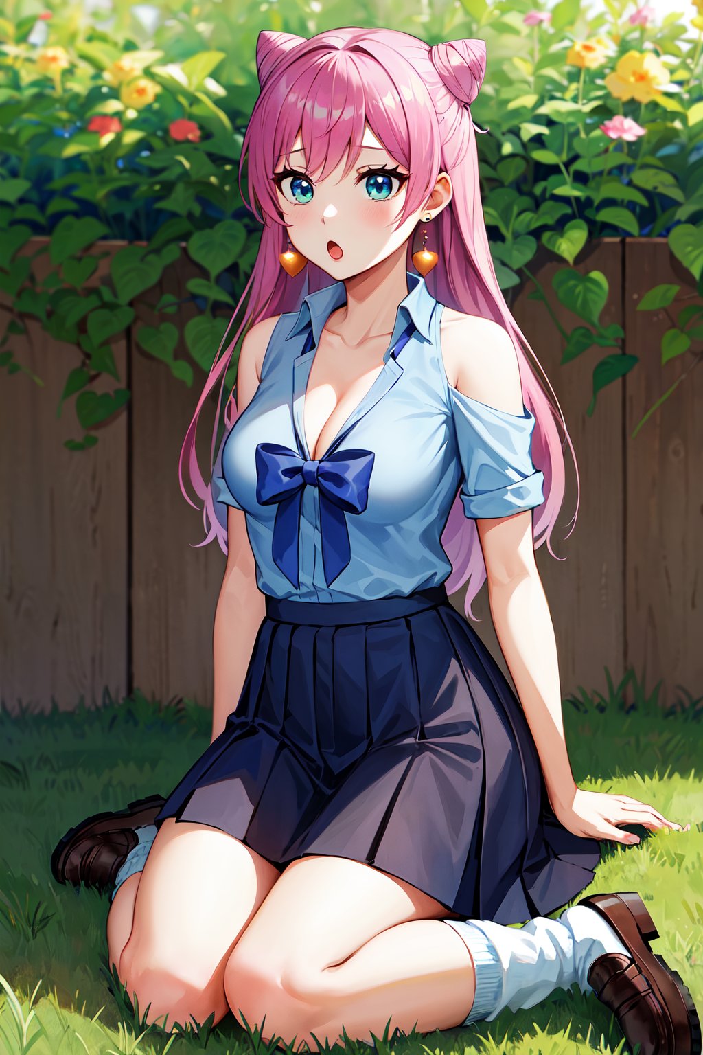 masterpiece, best quality, highres, aaakari, long hair, cone hair bun, earrings, medium breasts, cleavage, blue shirt, blue bow, shoulder cutout, pleated skirt, blue skirt, <lora:watanabe_akari_v1:0.7>, loose socks, loafers, :o, wariza, grass, building, 