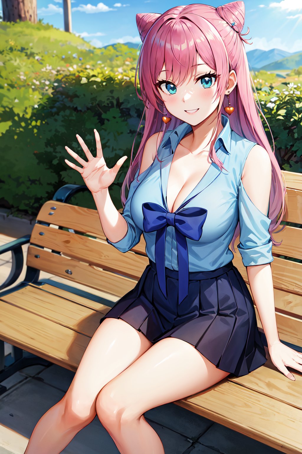 masterpiece, best quality, highres, aaakari, long hair, cone hair bun, earrings, medium breasts, cleavage, blue shirt, blue bow, shoulder cutout, pleated skirt, blue skirt, <lora:watanabe_akari_v1:0.7>, sitting, bench, waving, smile, outdoors