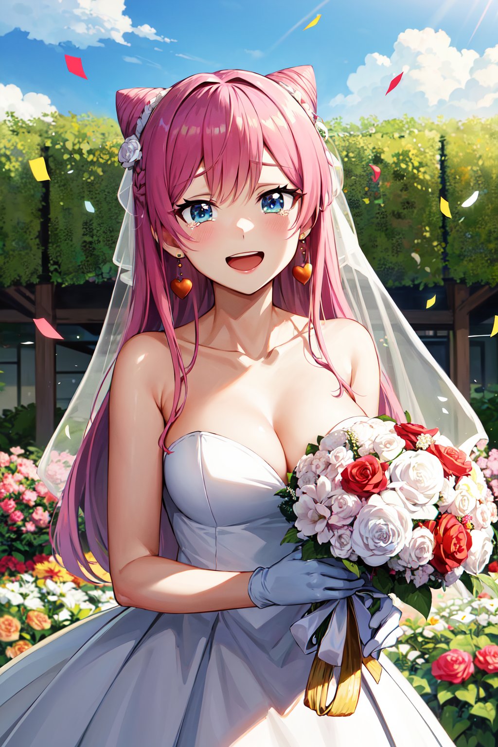 masterpiece, best quality, highres, aaakari, long hair, cone hair bun, earrings, medium breasts, <lora:watanabe_akari_v1:0.7>, wedding dress, white dress, white gloves, bridal veil, hair flower, garden, smile, open mouth, tears, holding bouquet, confetti, 