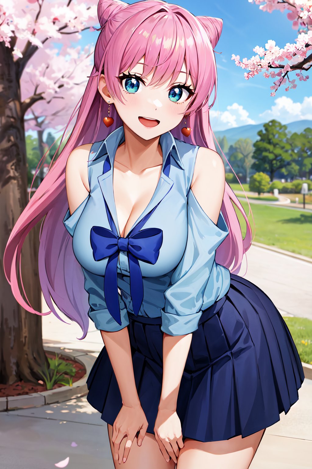 masterpiece, best quality, highres, aaakari, long hair, cone hair bun, earrings, medium breasts, cleavage, blue shirt, blue bow, shoulder cutout, pleated skirt, blue skirt, <lora:watanabe_akari_v1:0.7>, cherry blossoms, outdoors, leaning forward, smile, open mouth, 