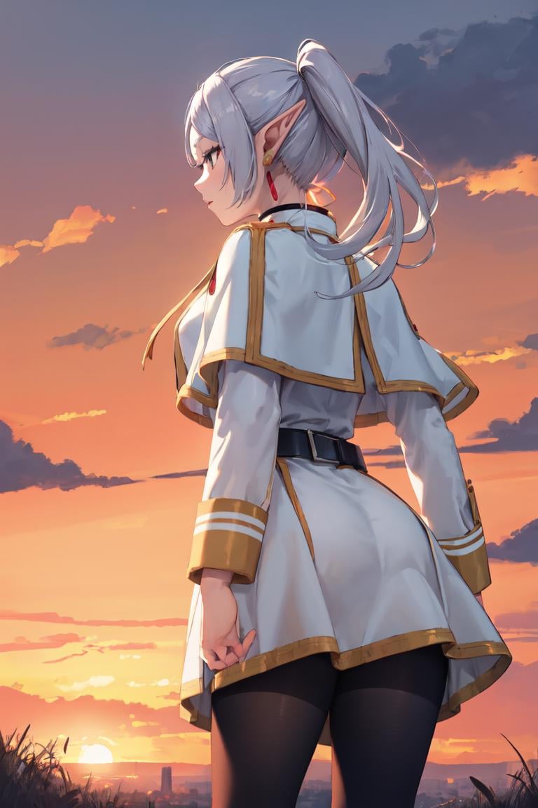 masterpiece, best quality, absurdres, perfect anatomy, FrierenBase, twintails, earrings, white capelet, striped shirt, white skirt, long sleeves, belt, black pantyhose, from behind, sunrise, orange sky, landscape scene, <lora:Frieren:1>