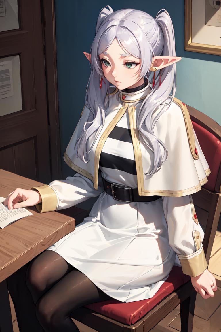 masterpiece, best quality, absurdres, perfect anatomy, FrierenBase, twintails, earrings, white capelet, striped shirt, white skirt, long sleeves, belt, black pantyhose, indoors, sitting, chair, <lora:Frieren:1>