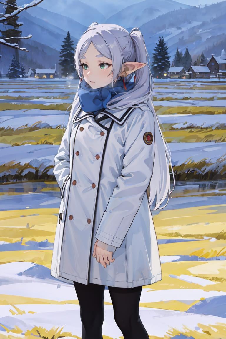 masterpiece, best quality, absurdres, perfect anatomy, FrierenWinter, twintails, earrings, blue scarf, white coat, black pantyhose, winter, outdoors, snow, cold, <lora:Frieren:1>