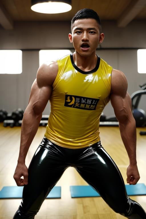 masterpiece, best quality,(Realistic), ((1man)), (muscular male), (stubble), ((big muscles)),(((latex gym shirt))), (dumbell shrug),(full body shot),<lora:syahnk128-07:0.7>, face of syahnk,(handsome),((masculine)),skin pore,(high detail face), eye view camera, (open mouth),(horny face),((in gym)), smooth lighting, photo,(shot by professional photographer),DSLR,Bokeh,Cinematic lighting, Epic, profesional grading colour , High Quality, (Ultra High Definition), radiant lighting, volumetric lighting, (detailed lighting)