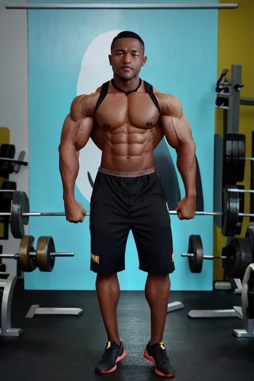 (((1man))),<lora:syahnk128-05:.8>, syahnk,handsome,masculine,skin pore,high detail face, eye view camera, from front side as (black man bodybuilder:1.5), (standing),(flexing),(full body photoshoot:1.3),eye view camera,eyes on level.masterpiece,8K UHD,DSLR,Nikon