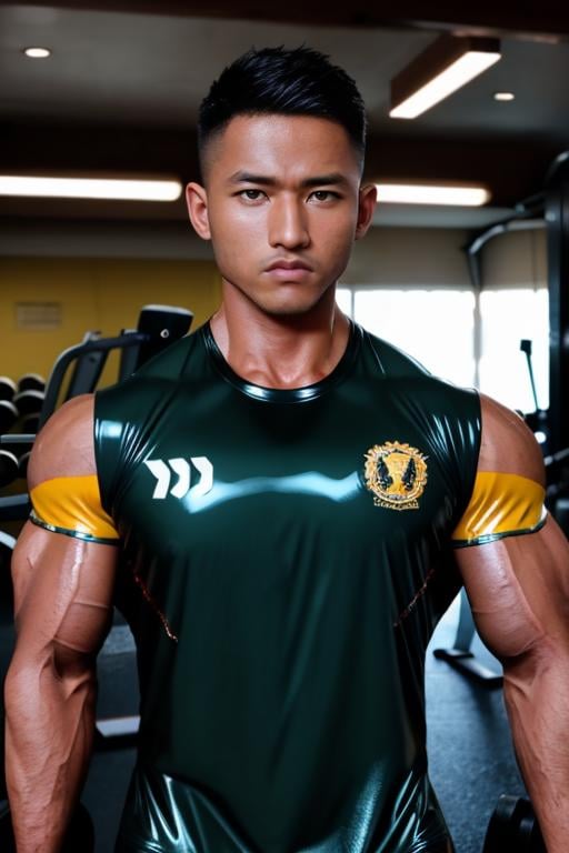 masterpiece, best quality,(Realistic), ((1man)), (muscular male), (mr olympia),((tanned bodybuilder)),(stubble), ((big muscles)),(((latex gym shirt))), (pumping),(full body shot),<lora:syahnk128-07:0.7>, face of syahnk,(handsome),((masculine)),skin pore,(high detail face), eye view camera, (shut mouth),(angry face),((in gym)), smooth lighting, photo,(shot by professional photographer),DSLR,Bokeh,Cinematic lighting, Epic, profesional grading colour , High Quality, (Ultra High Definition), radiant lighting, volumetric lighting, (detailed lighting)