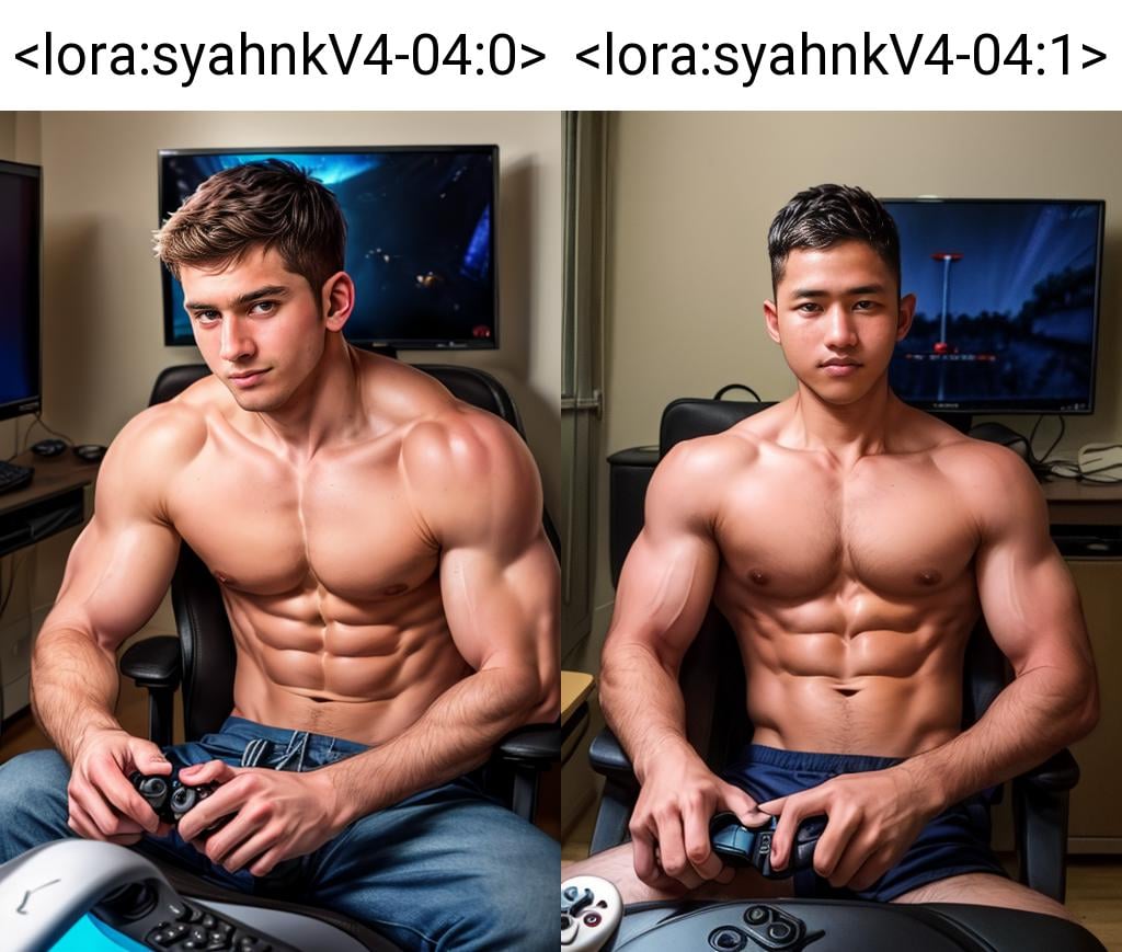 ((masterpiece)), ((best quality:1.2)), (ultra_realistic:1.3), (photorealistic:1.4), high resolution, canon DSLR, lens 50mm, 8k, <lora:add_detail:1.5>,(veiny Abs), handsome face, perfect, masculine, male, muscular, good anatomy, (sharp focus), <lora:syahnkV4-04:0>, syahnk,eye view viewer, as ((That dumb guy in college that barely has a passing grade because he spends every weekend gaming ))