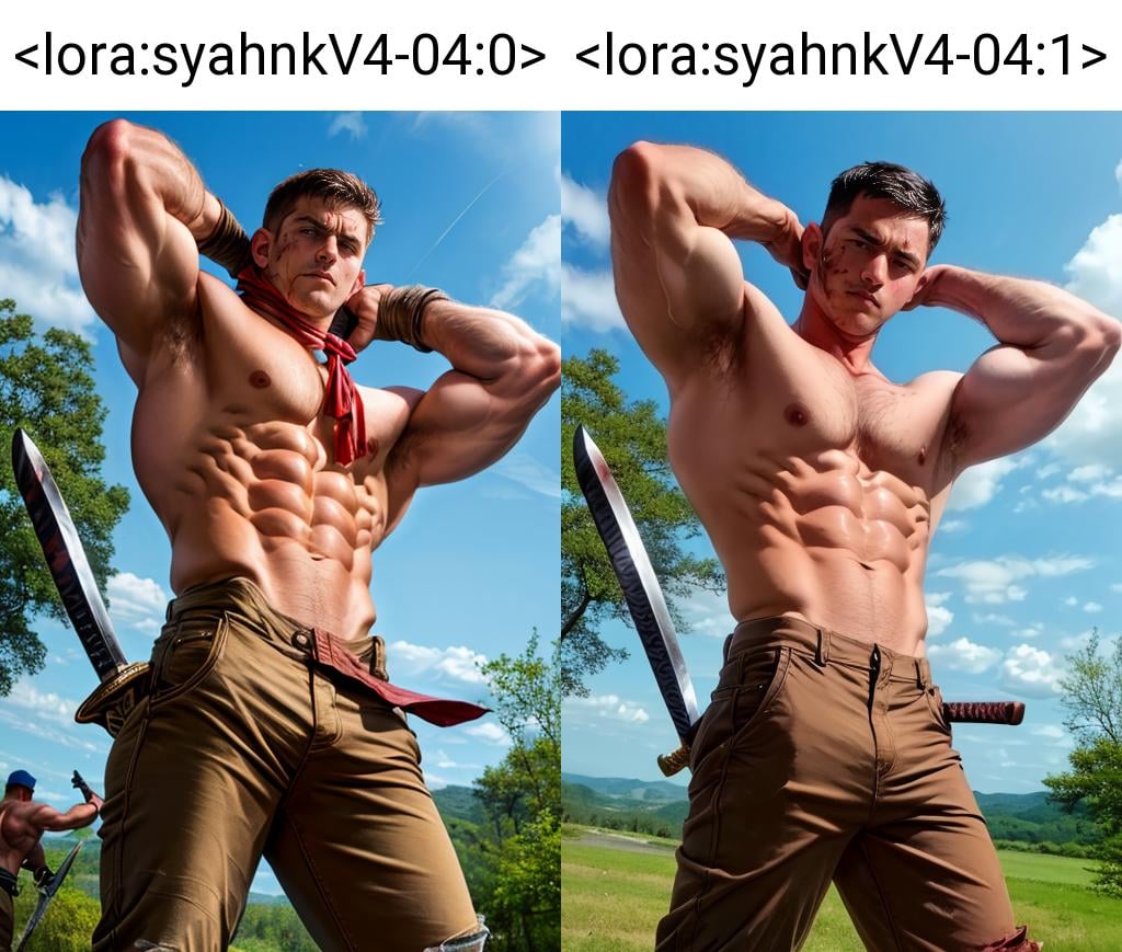 ((masterpiece)), ((best quality:1.2)), (ultra_realistic:1.3), (photorealistic:1.4), high resolution, canon DSLR, lens 50mm, 8k, <lora:add_detail:1.5>, (abs, pecs), (veins on stomach:1.1), homo, handsome face, perfect, masculine, male, muscular, good anatomy, (serious face), (sharp focus), <lora:syahnkV4-04:0>, syahnk,eye view viewer, as ((hot shirtless man wearing ripped brown pants, arms tied up in the air outdoors, swords through his body, bleeding and exhausted, head looking down, he has no energy left, soldiers in the background))