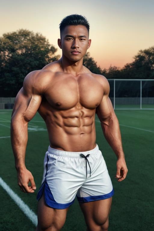 masterpiece, best quality, highres, realistic, handsome, photogenic, masculine, (big muscles),<lora:syahnkV4-08:0.5>, syahnk as an  dark tanned athletic jock bulging  with huge pectorals in his tight shorts stretching in middle of soccer field blushing from embarrassment ,<lora:add_detail:1>,HDR, octane, 8k, subsurface scattering,dinamic light,sunkissed.