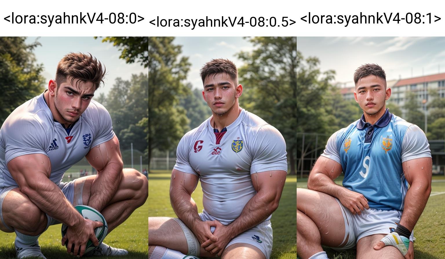 masterpiece, best quality, highres, realistic, handsome, photogenic, big muscles,<lora:syahnkV4-08:0>, syahnk, as ( a 20 years old  man, (chav,pecs),muscular male,(wearing long white socks), looking at viewer, (best quality, masterpiece, high res, hdr:1.2), detailed face, upper body, (sweaty),(wearing rugby uniform),sweaty, bokeh) ,<lora:add_detail:1>