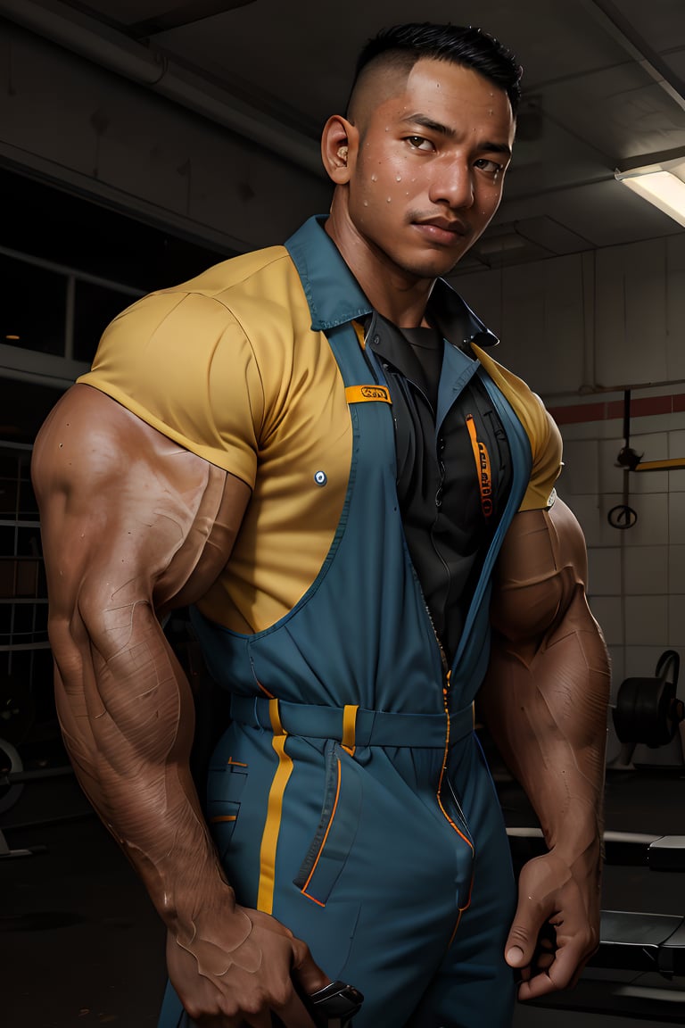 professional photo of the syahnk, Ronnie Coleman, In the style of (norman rockwell), 1950s gasstation, bodybuilder mechanic , jumpsuit ,photorealistic,army hairstyles, dark skinned male,sweating_profusely, workout,syahnk,Derek Lunsford,Male focus