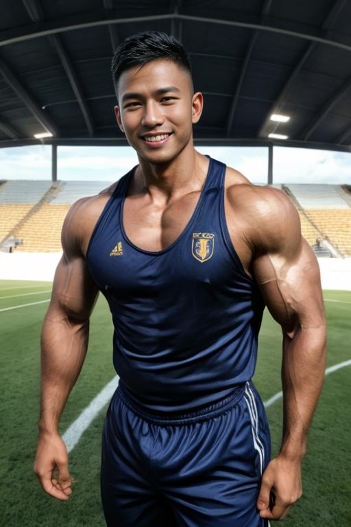 masterpiece, best quality, highres, realistic, handsome, photogenic, masculine, (big muscles),<lora:syahnkV4-08:0.5>, syahnk as  ((dark tanned)) athletic jock bulging with huge pectorals, he with his (tight gymsuit) flexing in the middle of soccer field stadium, he proud face due to victory ,<lora:add_detail:1>,HDR, octane, 8k, subsurface scattering,dinamic light,sunkissess,high detailed skin,high detailed face, Epic