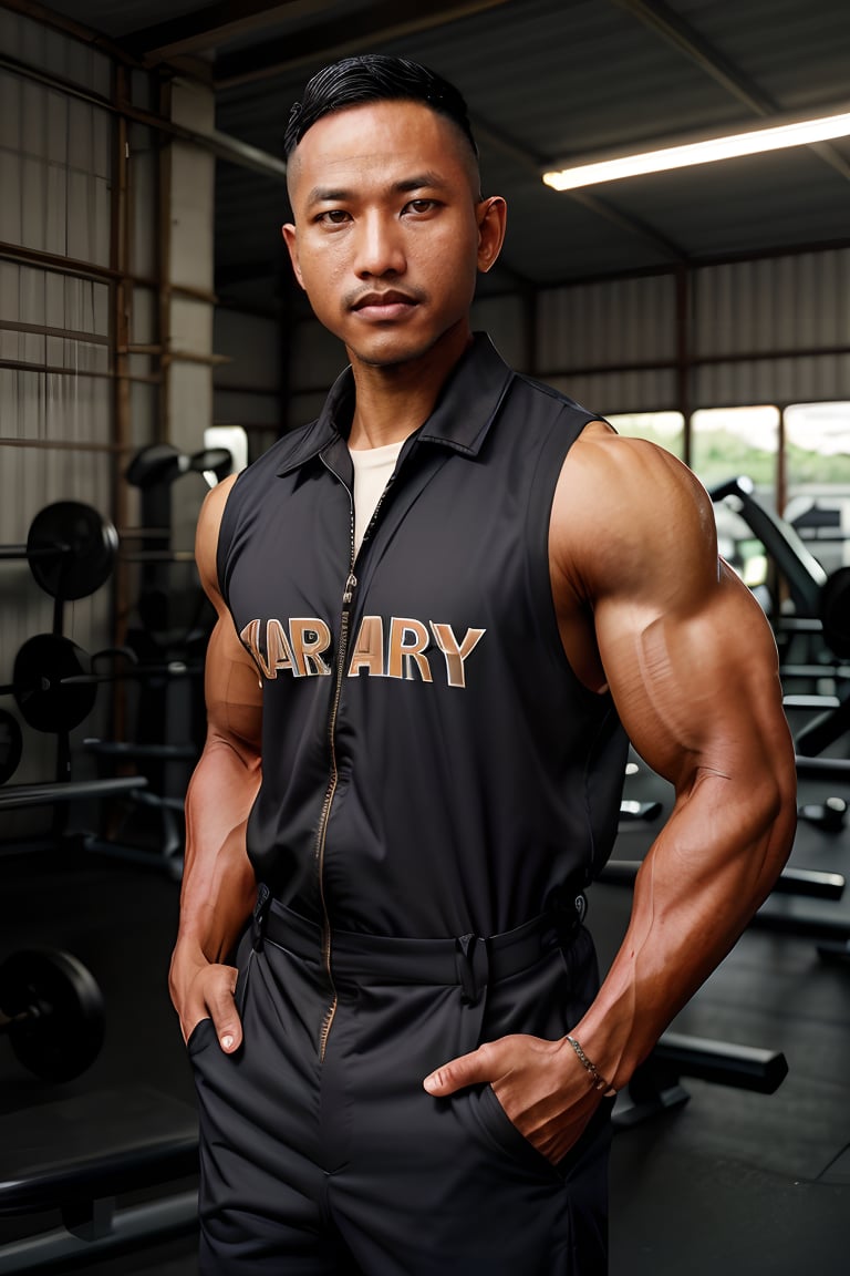 professional photo of the syahnk, , In the style of (norman rockwell), 1950s gasstation, bodybuilder mechanic , jumpsuit ,photorealistic,army hairstyles, dark skinned male,sweating_profusely, workout,Ronnie Coleman