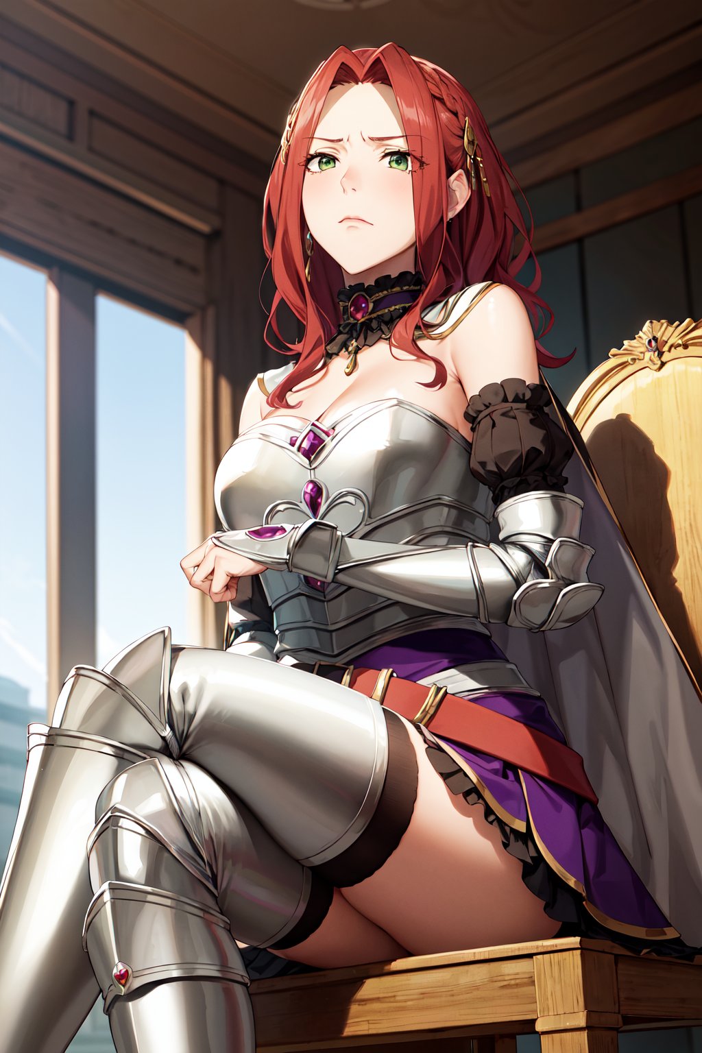 masterpiece, best quality, highres, aamyne, solo, long hair, choker, cape, armor, cleavage, breastplate, armored dress, detached sleeves, belt, purple skirt, thighhighs, <lora:malty_s_melromarc_v1:0.7>, frown, crossed legs, sitting, chair, 