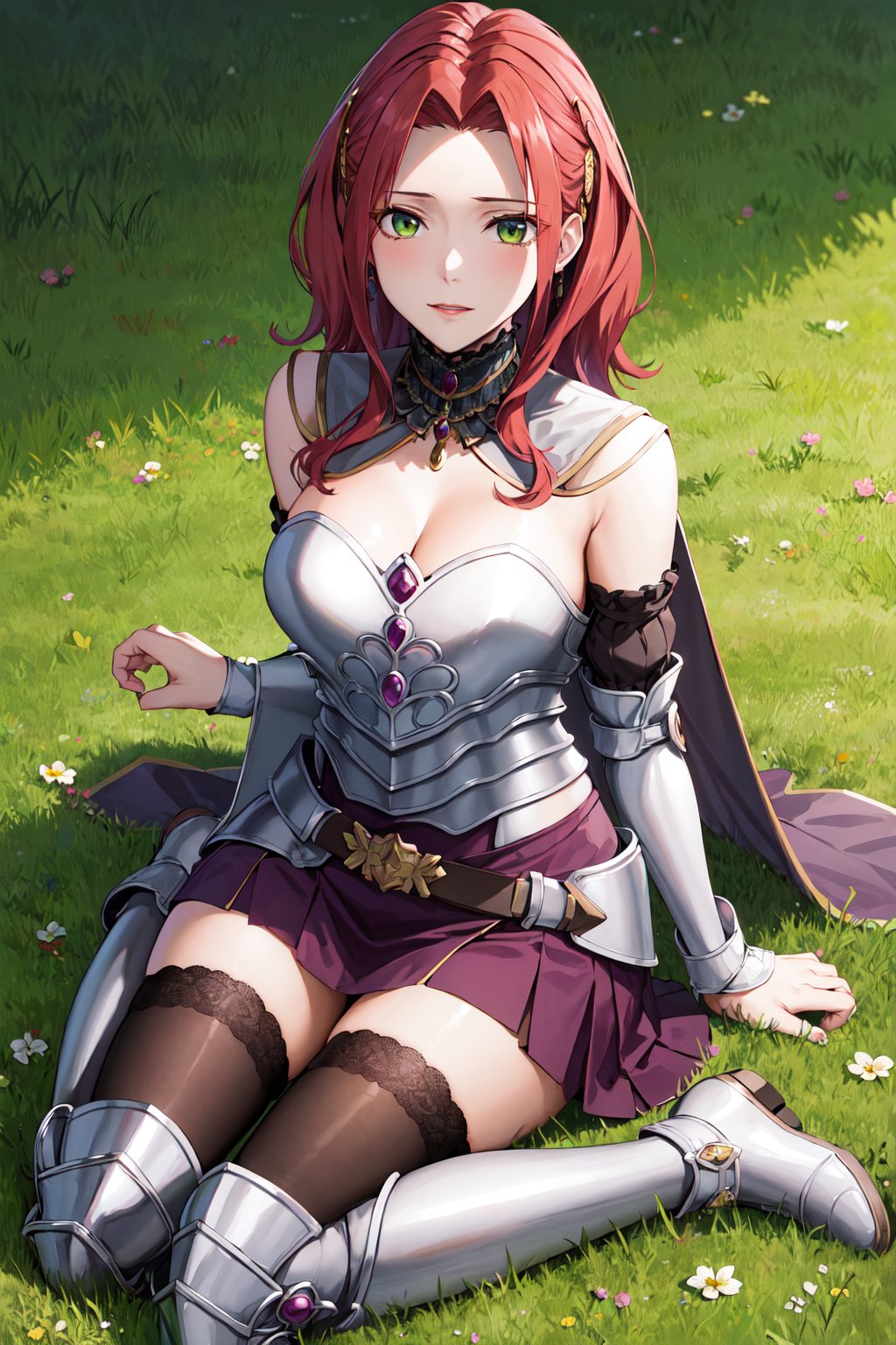 masterpiece, best quality, highres, aamyne, solo, long hair, choker, cape, armor, cleavage, breastplate, armored dress, detached sleeves, belt, purple skirt, thighhighs, <lora:malty_s_melromarc_v1:0.7>, wariza, sitting, boots, grass, field