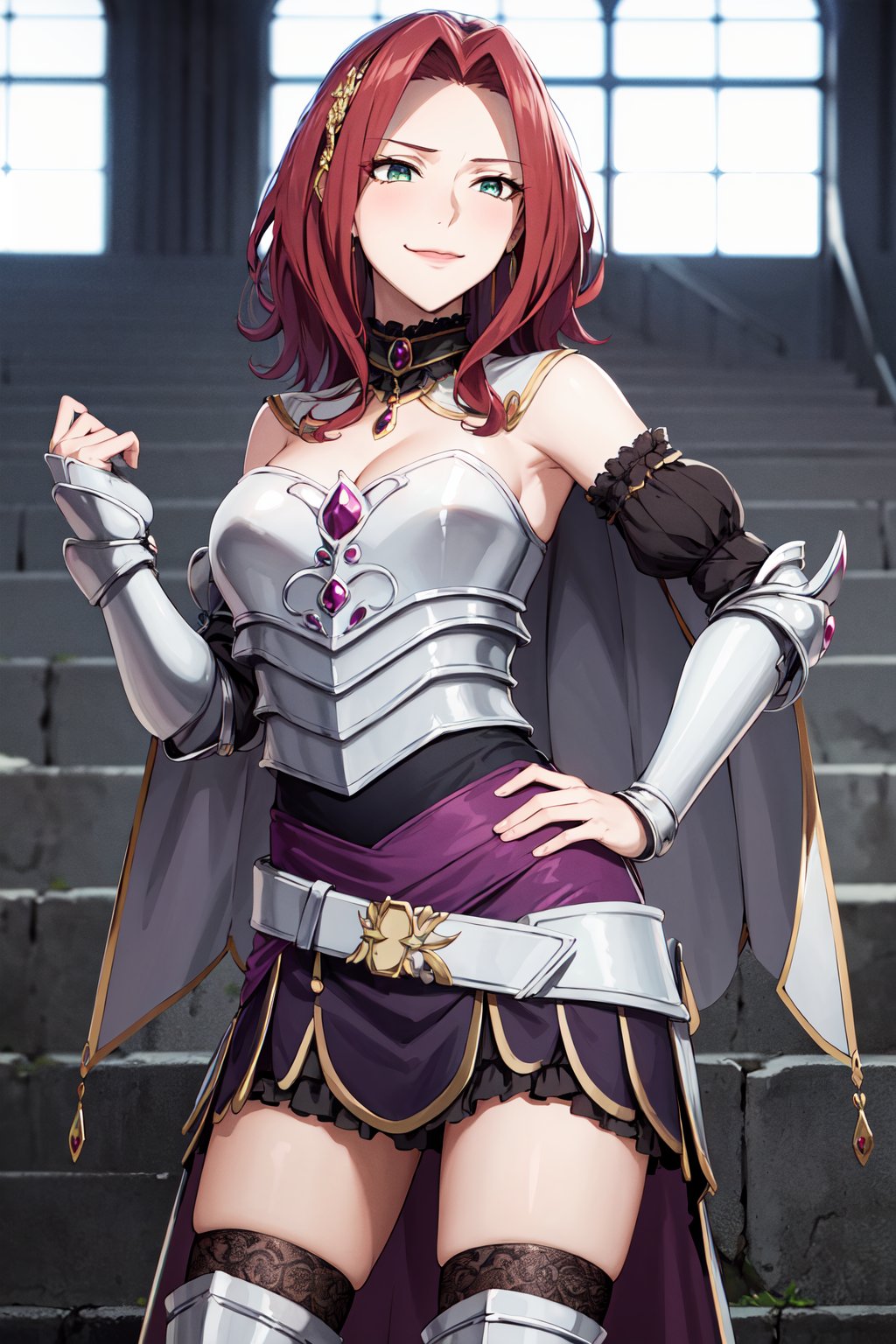 masterpiece, best quality, highres, aamyne, solo, long hair, choker, cape, armor, cleavage, breastplate, armored dress, detached sleeves, belt, purple skirt, thighhighs, <lora:malty_s_melromarc_v1:0.7>, hand on hip, smirk, standing