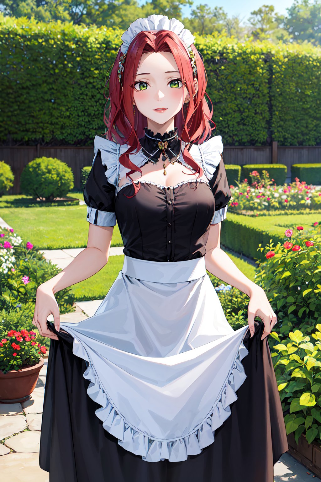 masterpiece, best quality, highres, aamyne, solo, long hair, <lora:malty_s_melromarc_v1:0.7>, maid, maid headdress, skirt hold, garden,