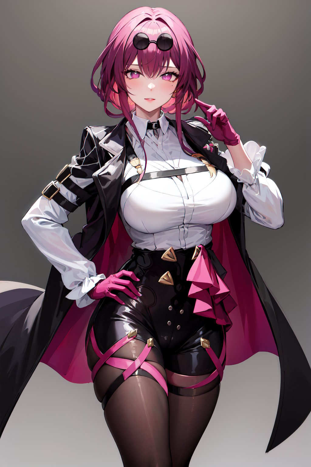 masterpiece, best quality, highres, aakafka, sunglasses, eyewear on head, harness, black jacket, white shirt, collared shirt, long sleeves, white sleeves, purple gloves, black shorts, thigh strap, pantyhose, <lora:kafka_1:0.8>, standing, hand on hip, 