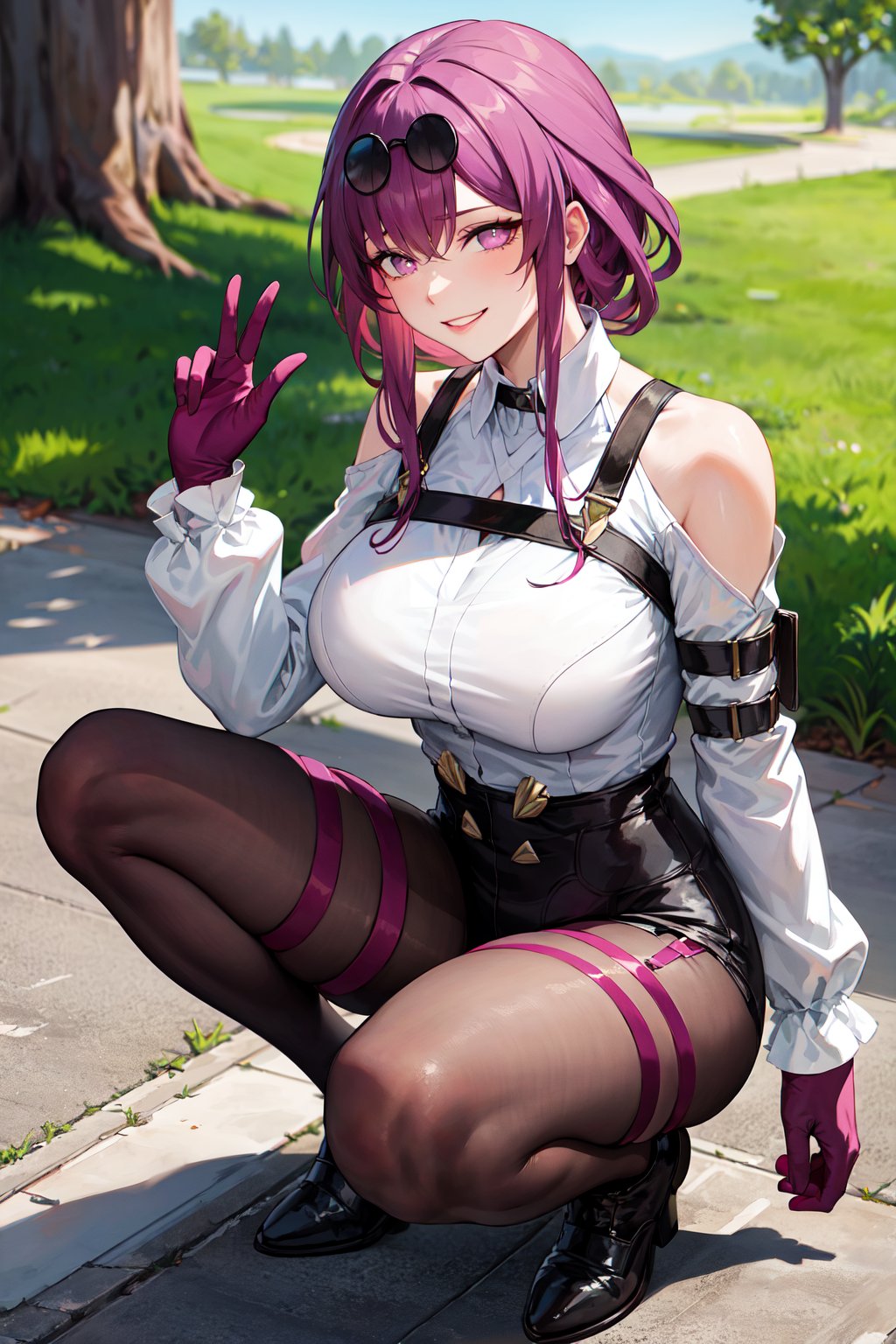 masterpiece, best quality, highres, aakafka, sunglasses, eyewear on head, harness, shoulder cutout, white shirt, collared shirt, long sleeves, white sleeves, purple gloves, black shorts, thigh strap, pantyhose, <lora:kafka_1:0.8>, squatting, outdoors, smirk