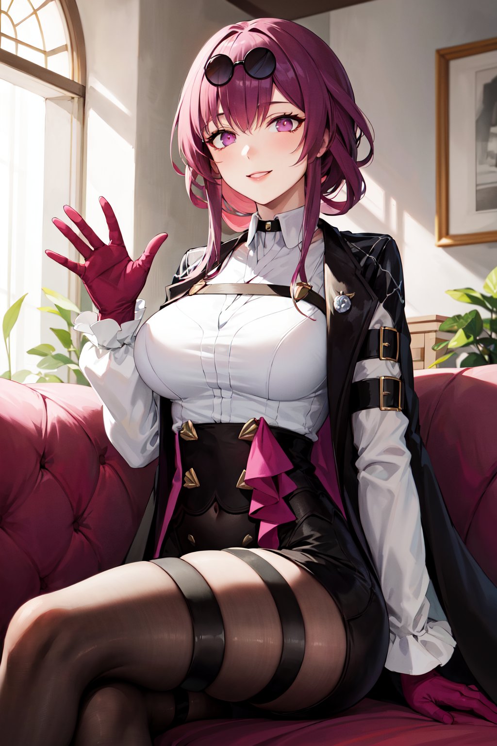 masterpiece, best quality, highres, aakafka, sunglasses, eyewear on head, harness, black jacket, white shirt, collared shirt, long sleeves, white sleeves, purple gloves, black shorts, thigh strap, pantyhose, <lora:kafka_1:0.8>, waving, smile, sitting, sofa, indoors, crossed legs, 