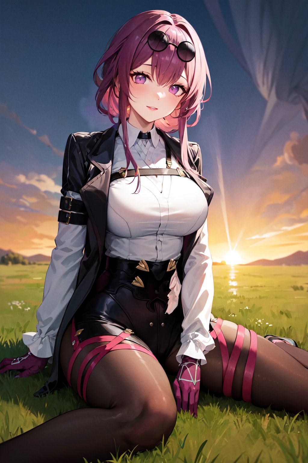 masterpiece, best quality, highres, aakafka, sunglasses, eyewear on head, harness, black jacket, white shirt, collared shirt, long sleeves, white sleeves, purple gloves, black shorts, thigh strap, pantyhose, <lora:kafka_1:0.8>, wariza, on floor, sitting, grass, field, sunset, boots