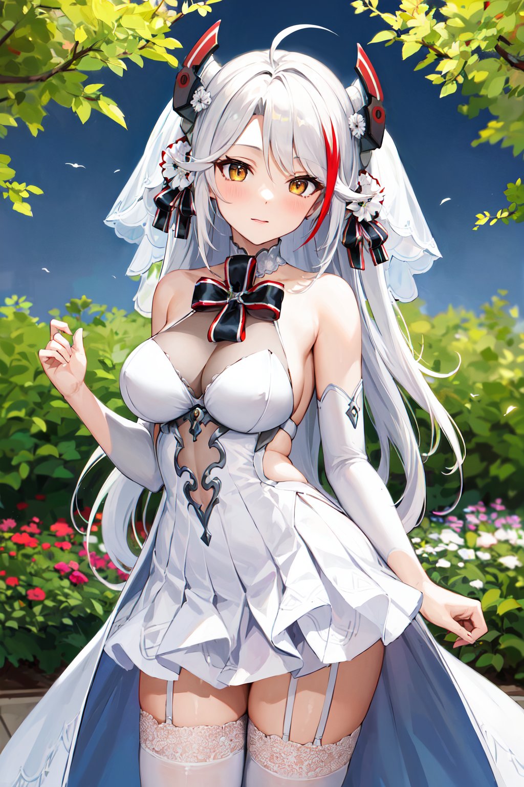 masterpiece, best quality, highres, cceugen, long hair, two side up, antenna hair, headgear, hair ornament, bridal veil, bowtie, bare shoulders, wedding dress, white dress, see-through, detached sleeves, garter straps, white thighhighs,  <lora:prinz_eugen_(azur_lane)_v1:0.7>, standing, cowboy shot, garden,