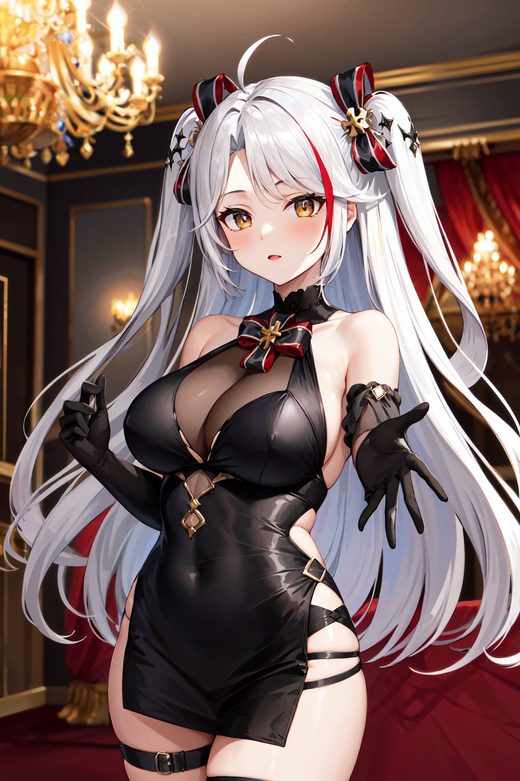 masterpiece, best quality, highres, ddeugen, long hair, two side up, antenna hair, hair bow, bare shoulders, cleavage, black dress, see-through, black gloves, thigh strap, <lora:prinz_eugen_(azur_lane)_v1:0.7>, reaching out, indoors, chandelier, 