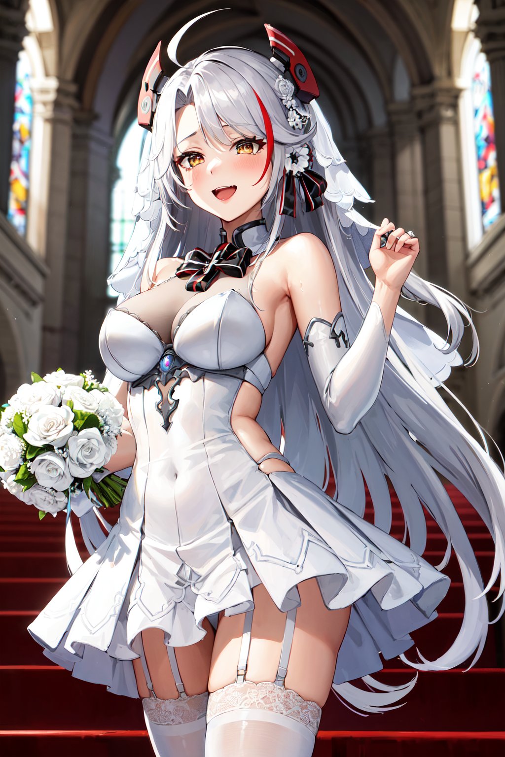 masterpiece, best quality, highres, cceugen, long hair, two side up, antenna hair, headgear, hair ornament, bridal veil, bowtie, bare shoulders, wedding dress, white dress, see-through, detached sleeves, garter straps, white thighhighs,  <lora:prinz_eugen_(azur_lane)_v1:0.7>, smile, church, holding bouquet, open mouth, tears, confetti, standing, 