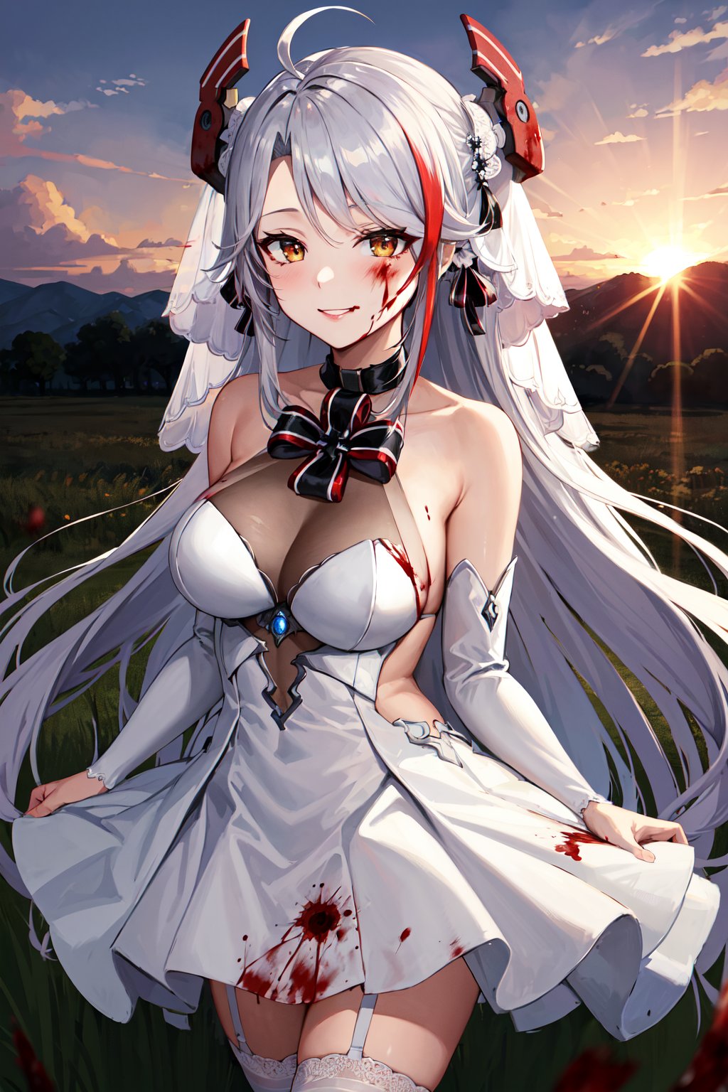 masterpiece, best quality, highres, cceugen, long hair, two side up, antenna hair, headgear, hair ornament, bridal veil, bowtie, bare shoulders, wedding dress, white dress, see-through, detached sleeves, garter straps, white thighhighs,  <lora:prinz_eugen_(azur_lane)_v1:0.7>, sunset, field, night, smirk, (blood:1.4), standing, 