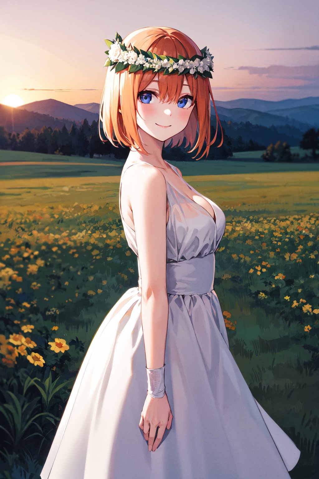 masterpiece, best quality, highres, aayotsuba, short hair, head wreath, bare shoulders, cleavage, white dress, sleeveless dress, detached sleeves, <lora:nakano_yotsuba_v1:0.7>, from side, sunset, smile, field, standing