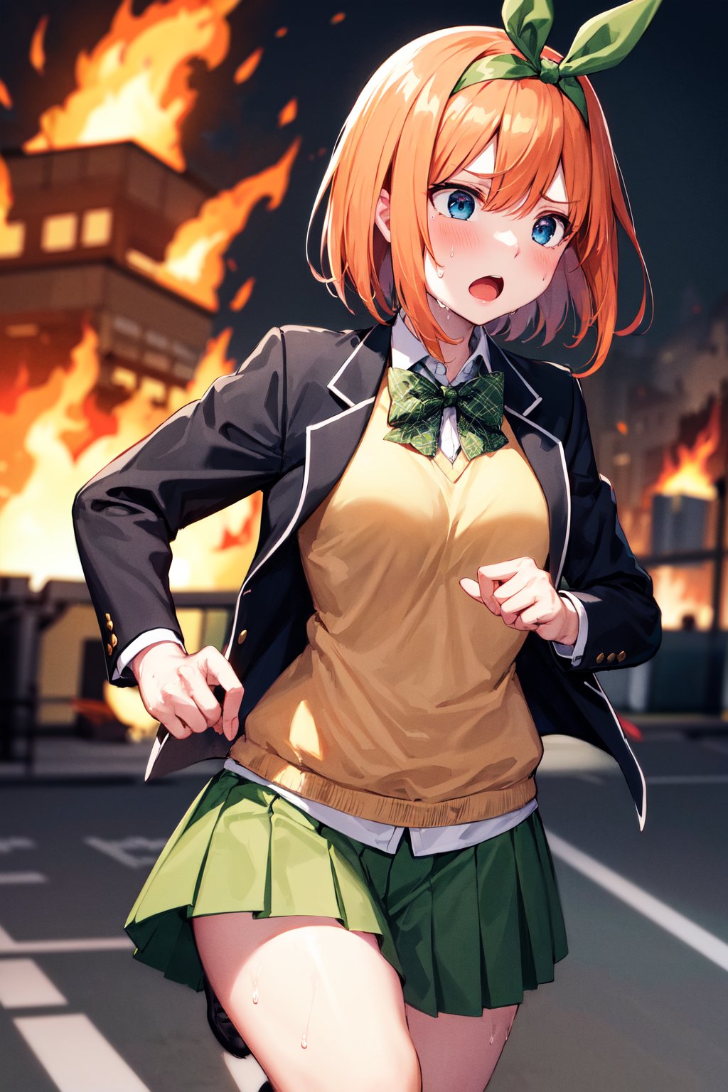 masterpiece, best quality, highres, aayotsuba, short hair, hair ribbon, green ribbon, hairband, green bow, sweater vest, blazer, black jacket, open clothes, long sleeves, green skirt, pleated skirt, <lora:nakano_yotsuba_v1:0.7>, fire, burning city, city, (running:1.1), (sweat:1.1), sad, :o