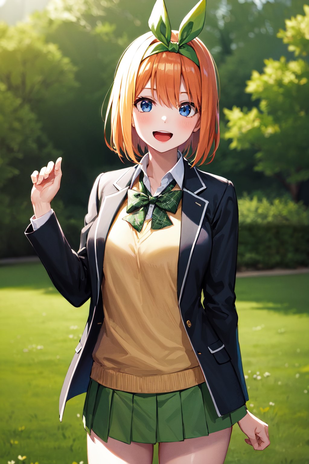 masterpiece, best quality, highres, aayotsuba, short hair, hair ribbon, green ribbon, hairband, green bow, sweater vest, blazer, black jacket, open clothes, long sleeves, green skirt, pleated skirt, <lora:nakano_yotsuba_v1:0.7>, standing, cowboy shot, outdoors, smile, open mouth, 