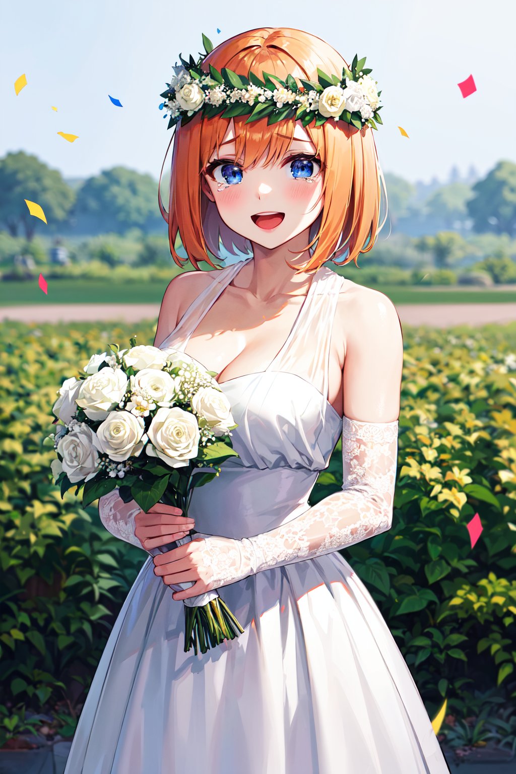 masterpiece, best quality, highres, aayotsuba, short hair, head wreath, bare shoulders, cleavage, white dress, sleeveless dress, detached sleeves, <lora:nakano_yotsuba_v1:0.7>, holding bouquet, garden, confetti, smile, open mouth, tears, cowboy shot, 