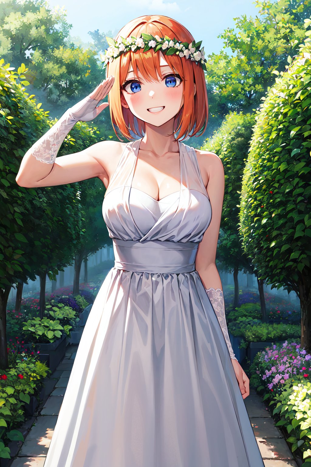 masterpiece, best quality, highres, aayotsuba, short hair, head wreath, bare shoulders, cleavage, white dress, sleeveless dress, detached sleeves, <lora:nakano_yotsuba_v1:0.7>, garden, standing, salute, grin,