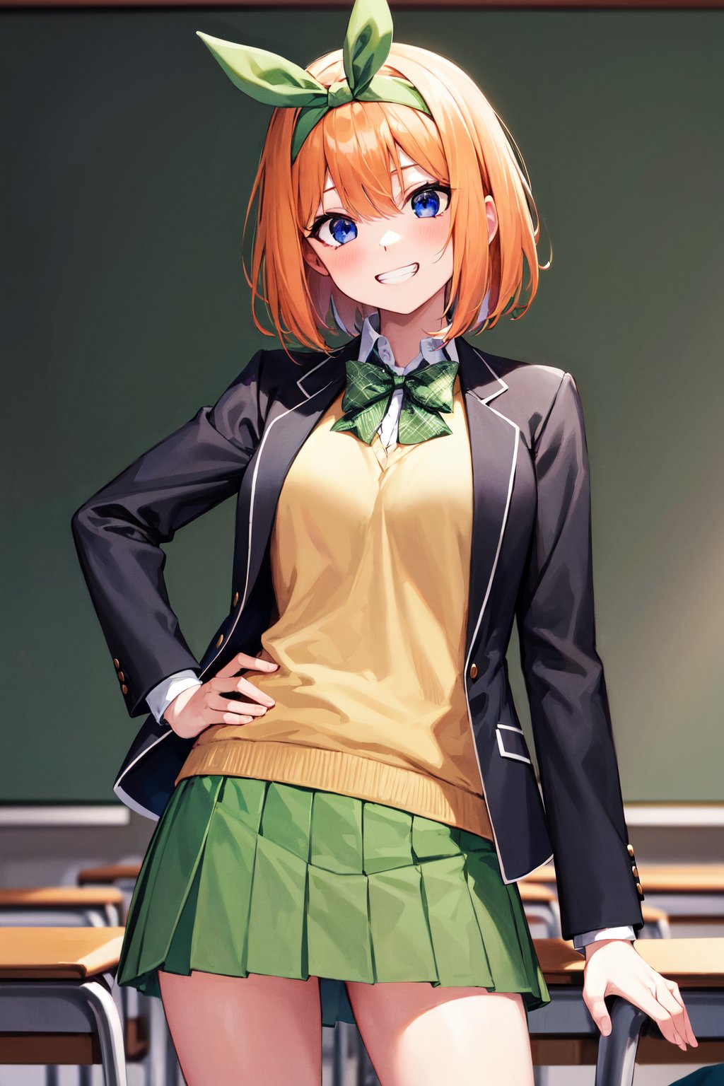 masterpiece, best quality, highres, aayotsuba, short hair, hair ribbon, green ribbon, hairband, green bow, sweater vest, blazer, black jacket, open clothes, long sleeves, green skirt, pleated skirt, <lora:nakano_yotsuba_v1:0.7>, hand on hip, grin, classroom, standing