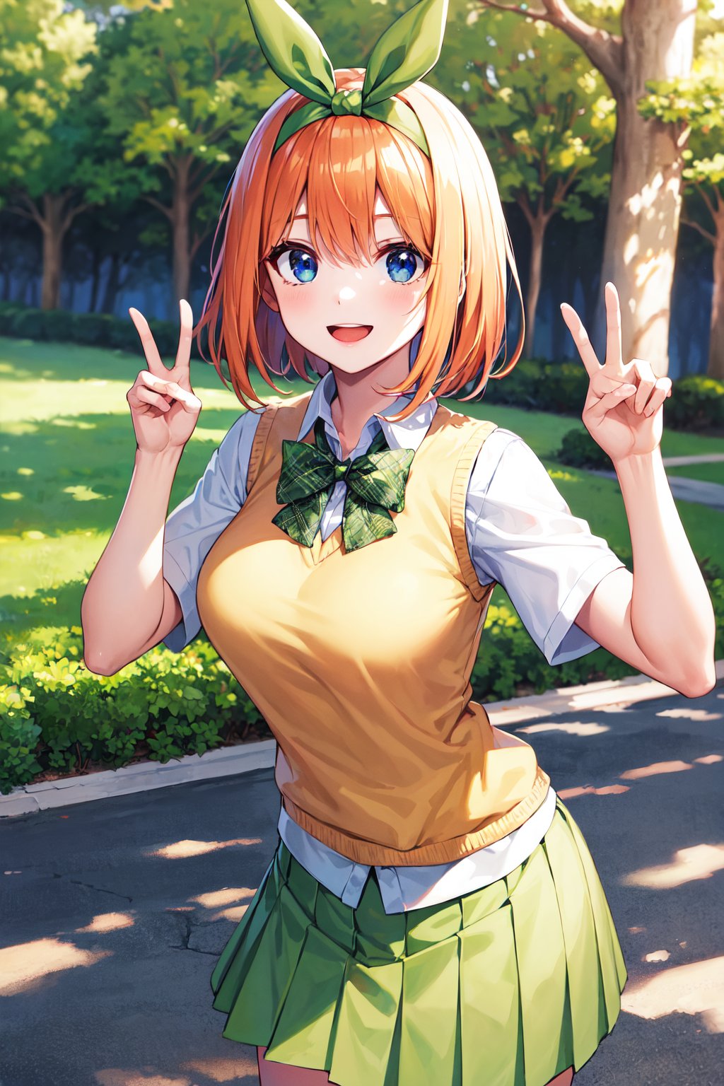 masterpiece, best quality, highres, aayotsuba, short hair, hair ribbon, green ribbon, hairband, green bow, collared shirt, sweater vest, yellow sweater, short sleeves, green skirt, pleated skirt, <lora:nakano_yotsuba_v1:0.7>, peace sign, smile, outdoors