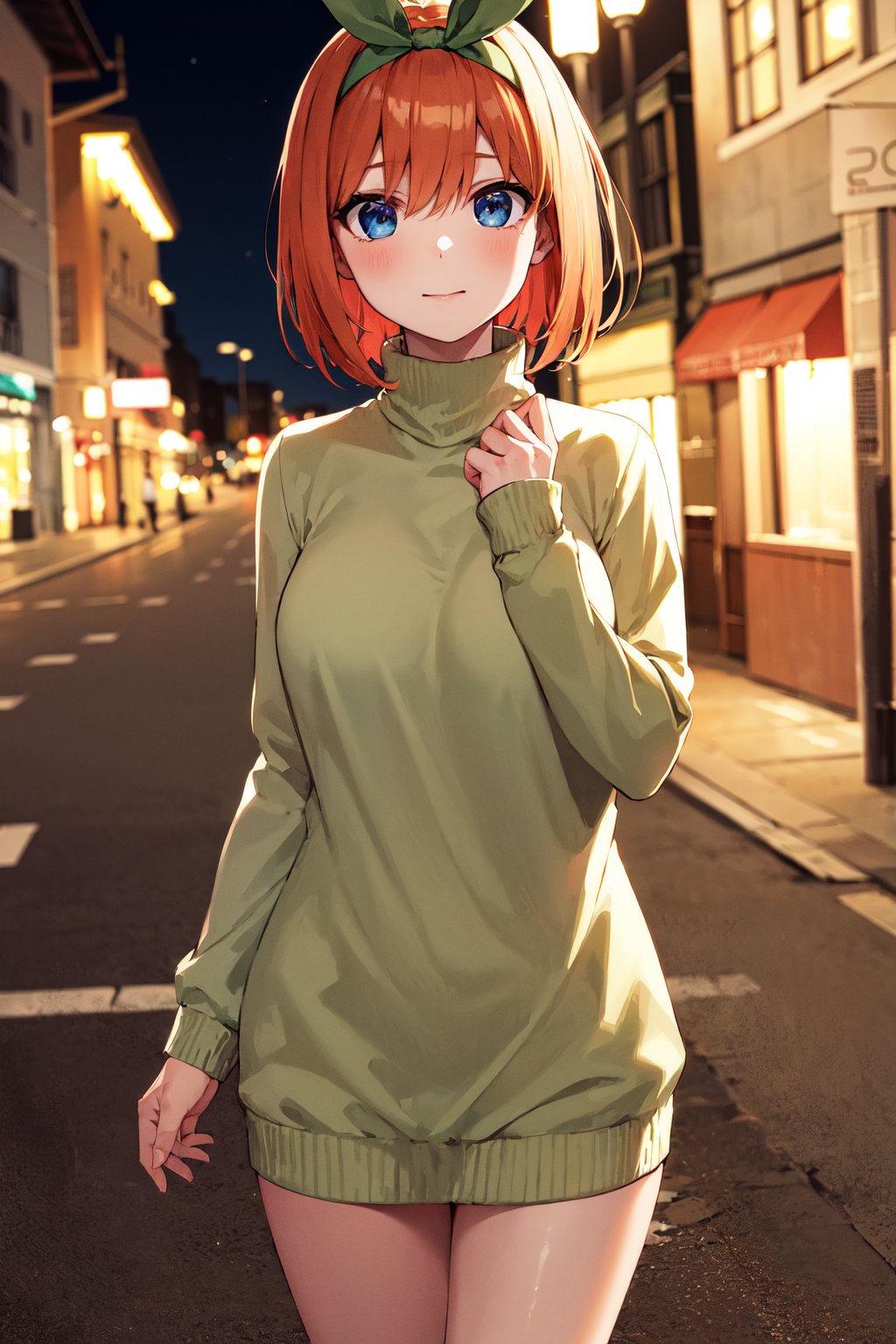 masterpiece, best quality, highres, aayotsuba, short hair, hair ribbon, green ribbon, hairband, <lora:nakano_yotsuba_v1:0.7>, sweater dress, turtleneck, street, night, standing, cowboy shot, 