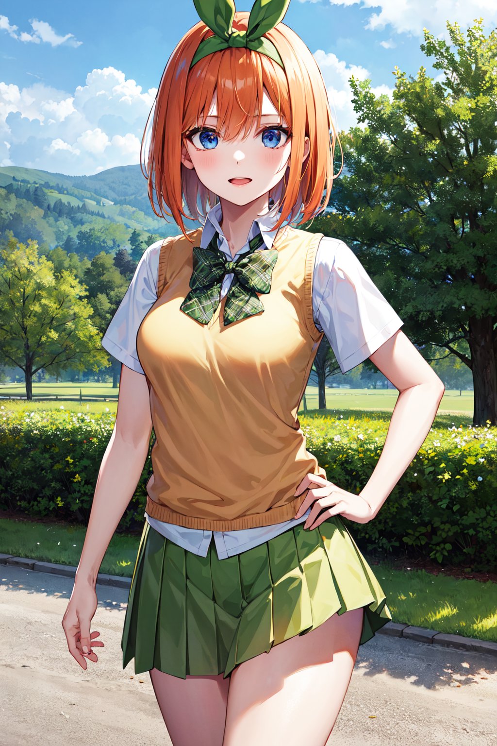 masterpiece, best quality, highres, aayotsuba, short hair, hair ribbon, green ribbon, hairband, green bow, collared shirt, sweater vest, yellow sweater, short sleeves, green skirt, pleated skirt, <lora:nakano_yotsuba_v1:0.7>, standing, cowboy shot, outdoors