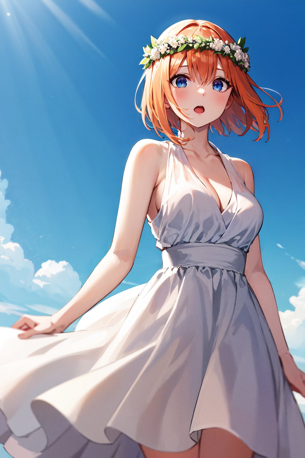 masterpiece, best quality, highres, aayotsuba, short hair, head wreath, bare shoulders, cleavage, white dress, sleeveless dress, detached sleeves, <lora:nakano_yotsuba_v1:0.7>, blue sky, wind, :o, standing