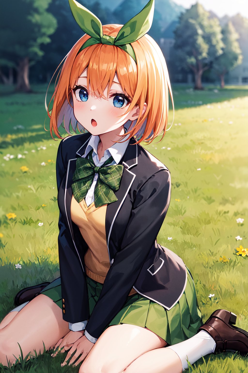 masterpiece, best quality, highres, aayotsuba, short hair, hair ribbon, green ribbon, hairband, green bow, sweater vest, blazer, black jacket, open clothes, long sleeves, green skirt, pleated skirt, <lora:nakano_yotsuba_v1:0.7>, sitting, wariza, :o, grass, field, building, 