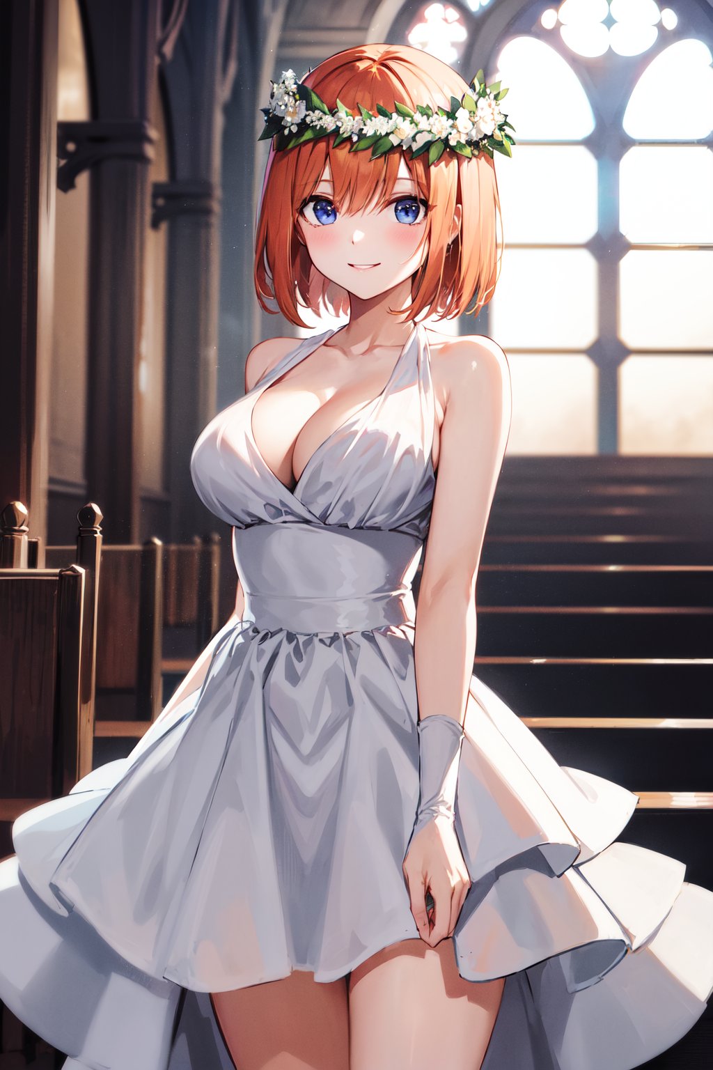 masterpiece, best quality, highres, aayotsuba, short hair, head wreath, bare shoulders, cleavage, white dress, sleeveless dress, detached sleeves, <lora:nakano_yotsuba_v1:0.7>, standing, cowboy shot, church, smile,