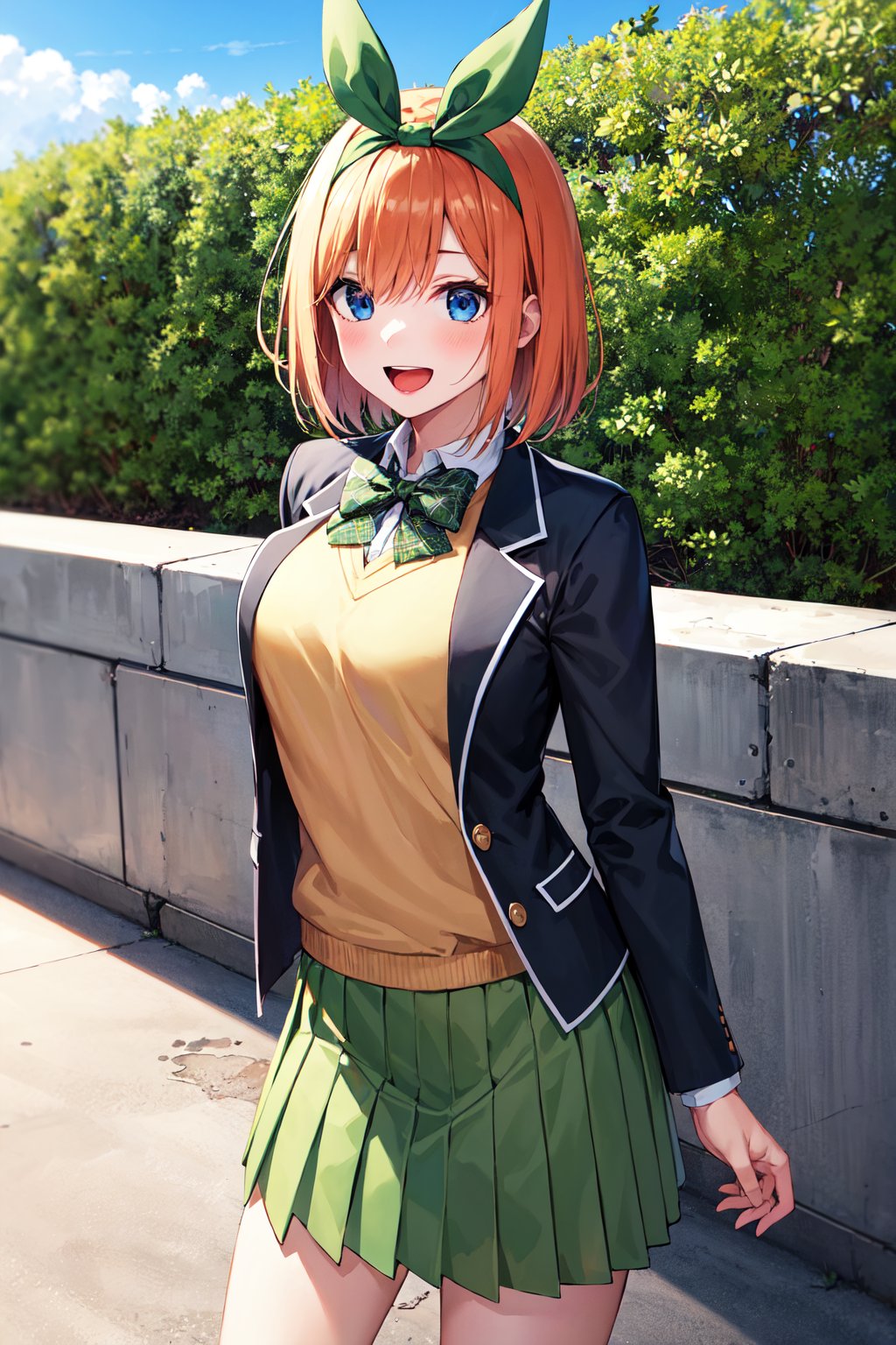 masterpiece, best quality, highres, aayotsuba, short hair, hair ribbon, green ribbon, hairband, green bow, sweater vest, blazer, black jacket, open clothes, long sleeves, green skirt, pleated skirt, <lora:nakano_yotsuba_v1:0.7>, standing, cowboy shot, outdoors, smile, open mouth, 