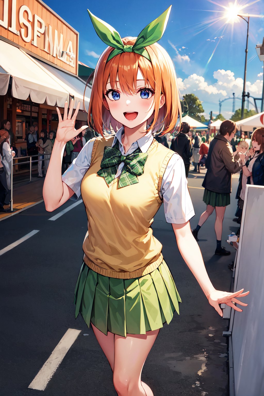 masterpiece, best quality, highres, aayotsuba, short hair, hair ribbon, green ribbon, hairband, green bow, collared shirt, sweater vest, yellow sweater, short sleeves, green skirt, pleated skirt, <lora:nakano_yotsuba_v1:0.7>, smile, open mouth, waving, standing, amusement park,